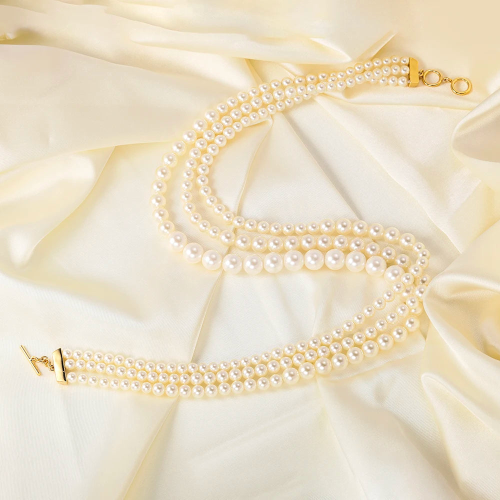 18K Gold Plated Multi-Layered Imitation Pearl Long Sweater Chain Necklace for Women Vintage Body Chain Party Wear Accessories