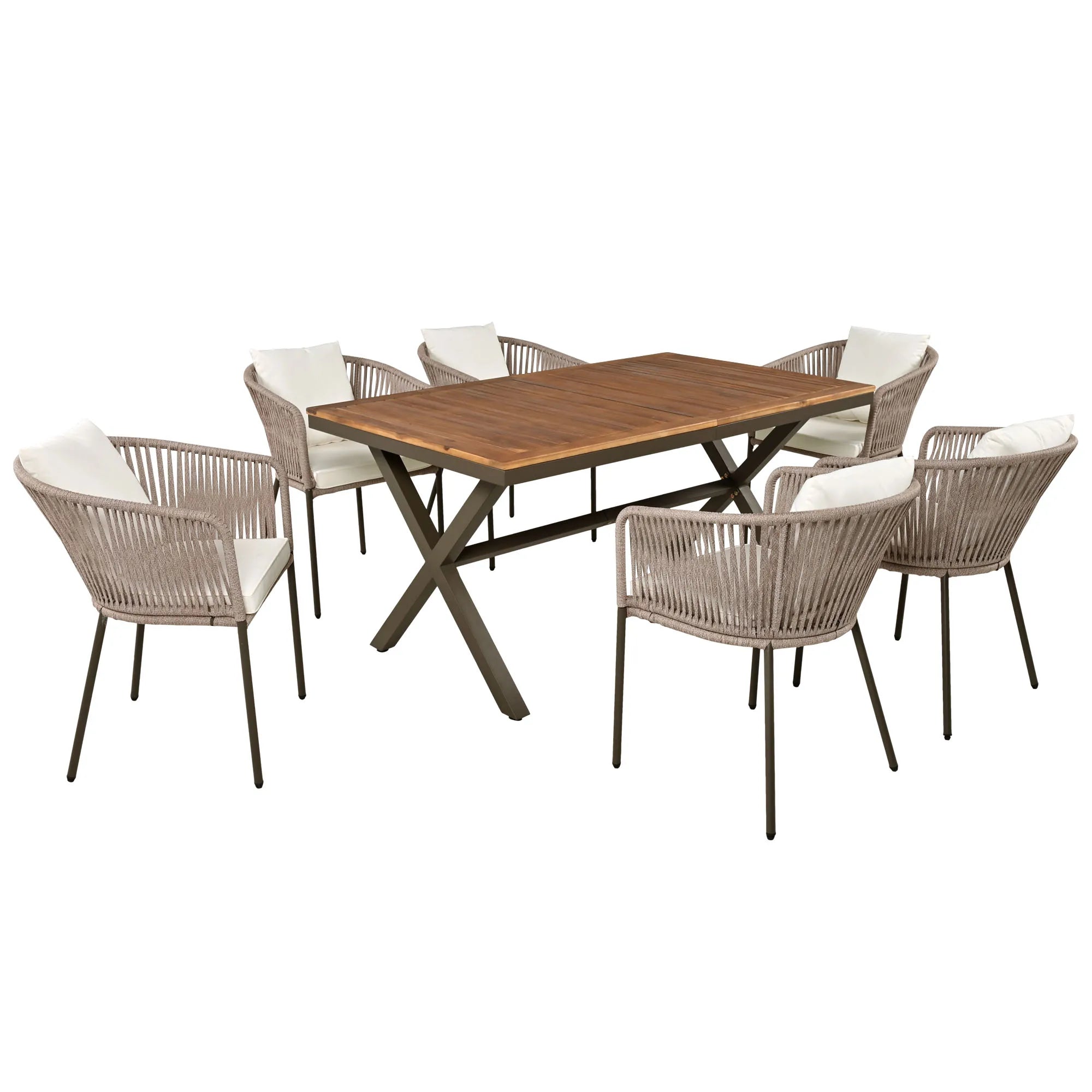 7 Pieces Patio Dining Set, All-Weather Outdoor Furniture Set with Dining Table and Chairs, Acacia Wood Tabletop, Metal Frame, fo