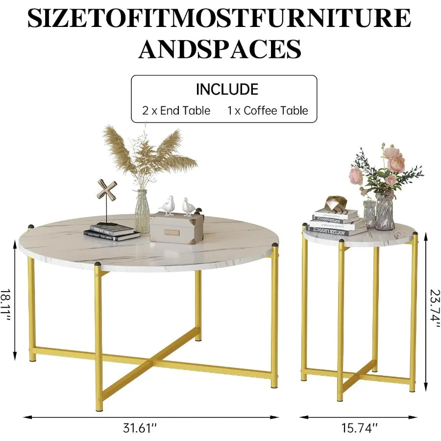 Coffee Table Set of 3Modern Faux Marble Top with Golden Frame 1 Coffee Table 2 Accent Table Living Room Table Set for Apartment