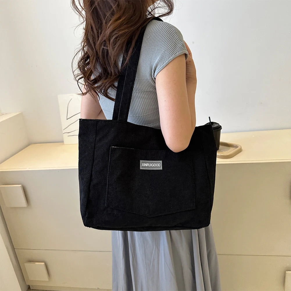 Women Large Capacity Shoulder Bags with Pockets Compartments Cord Tote Bag Solid Hobos Bag for School Work Shopping