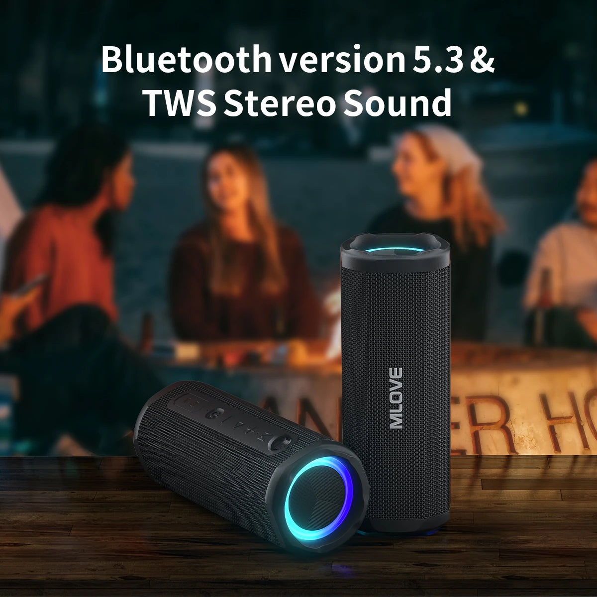 MLOVE P2 Bluetooth Speaker, Bluetooth 5.3, Dual Speakers, RGB Lights, IPX7 Waterproof, TWS Connectivity