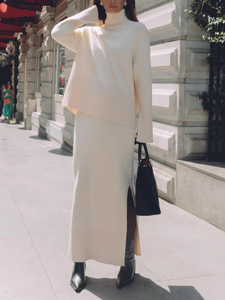 Knitted Sweater Set for Women Fashion 2025 Autumn and Winter New Arrival Elegant Loose Solid Color Sweater Open Front Skirt Set