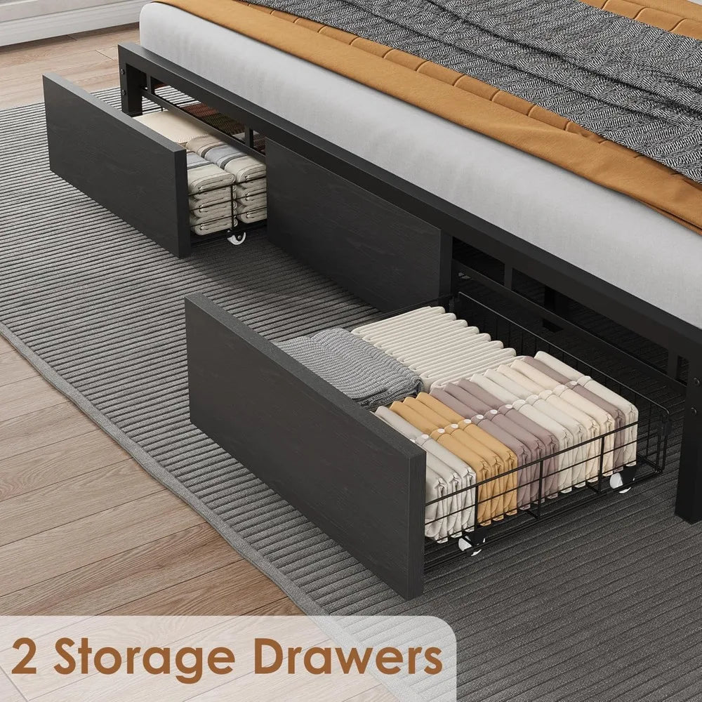 King Size Bed Frame with Storage Headboard, No Box Spring Needed, King Platform Bed with 2 Large Drawers and Charging Station