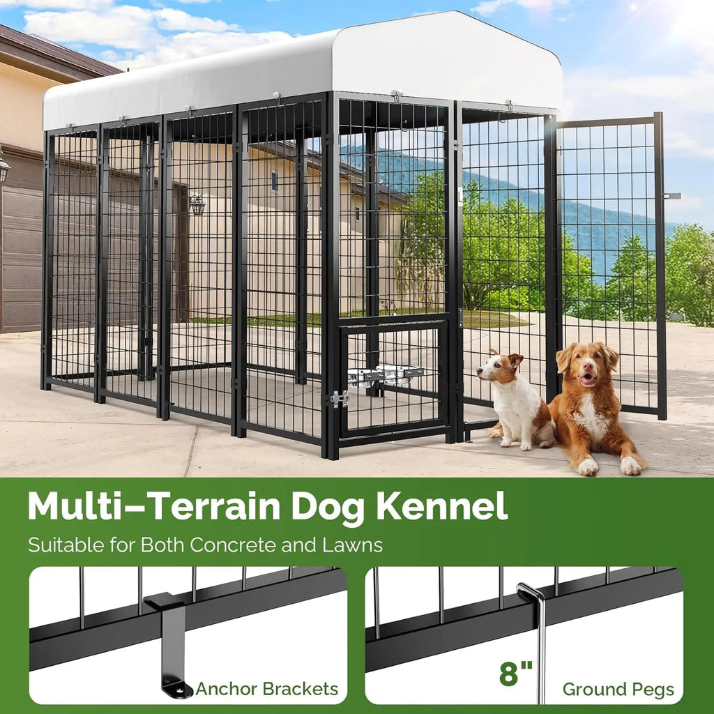 Outdoor Dog Kennel Outside Run with Doggy Door, Bowls&Roof - 8x4x6 Large Dog Kennels Pens Outside