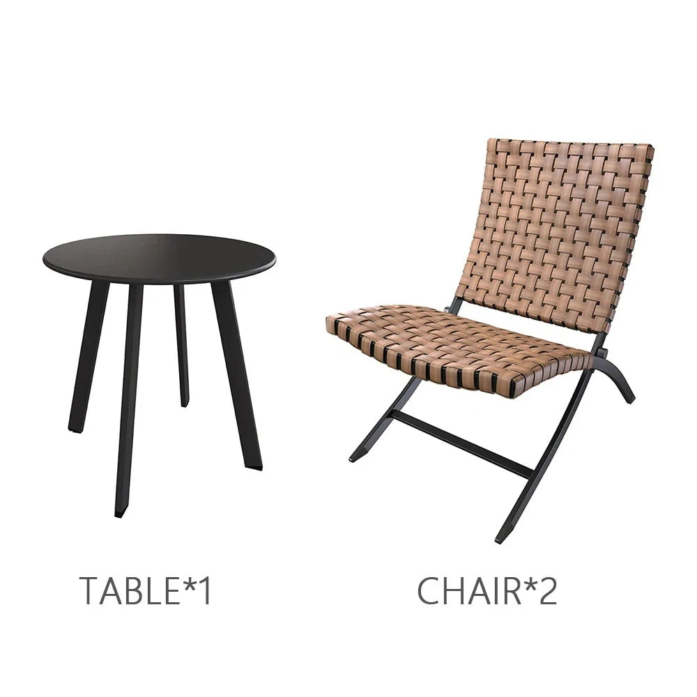 3 Piece Leather Texture Wicker Patio Chairs, Foldable Balcony Furniture Set with Outdoor Lounge Seating and Side Table
