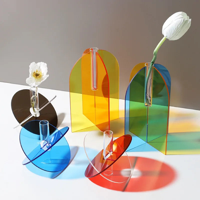 Nordic Colorful Acrylic Vases Desktop Ornaments Art Flower Arrangement Hydroponic Vase Container Living Room Home Decoration