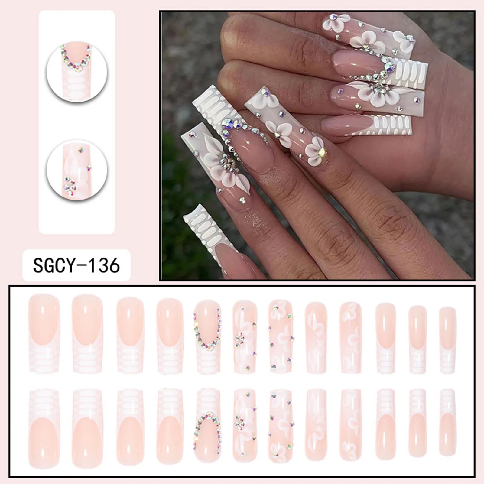 Rhinestone Embellished White Fake Nails Long Square UV Gel Cool Color Nails for Dance Parties Weekend Trips Parties