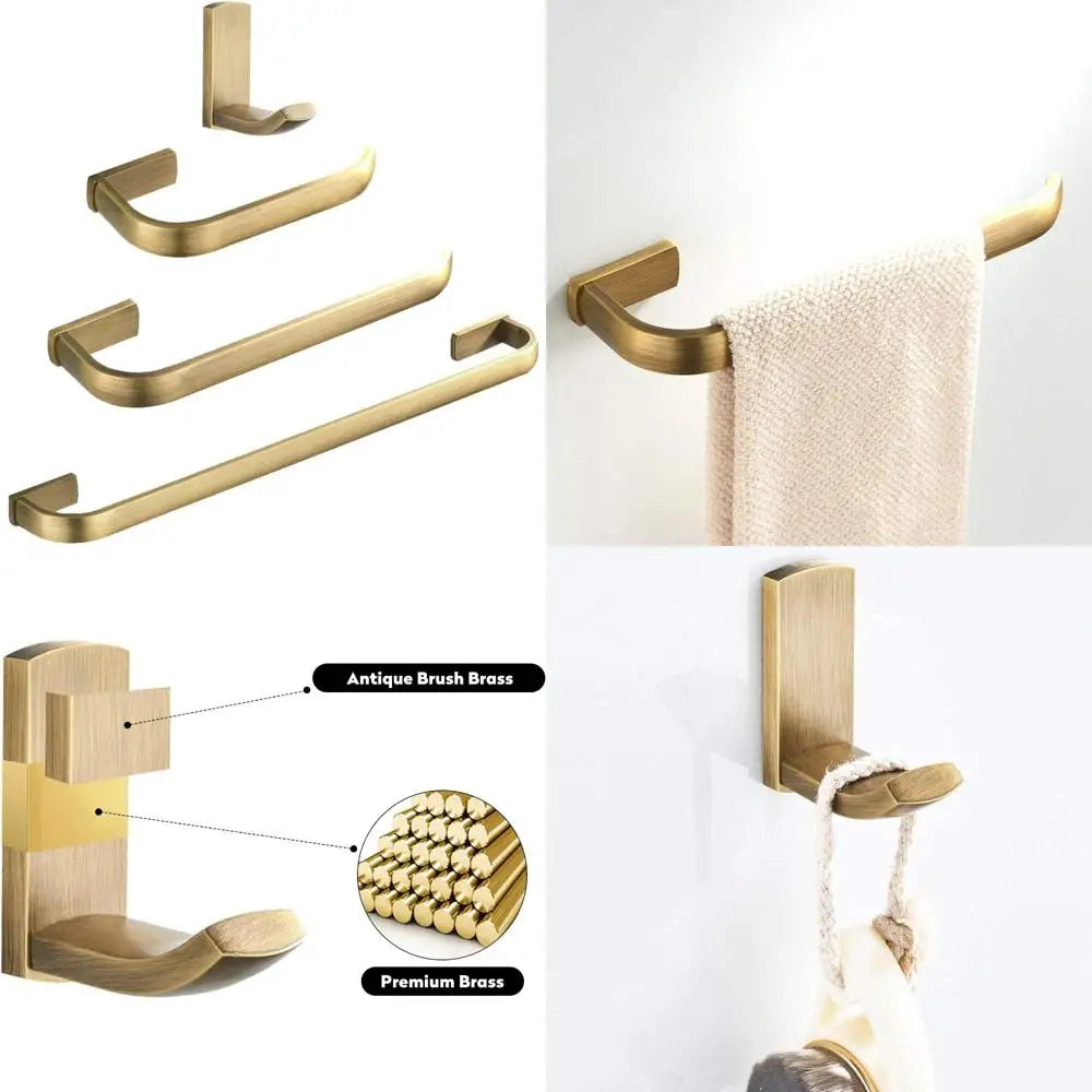 Antique Style Brass Bathroom Accessories Set: Towel Holder, Toilet Paper Holder, Robe Hook, and Brushed Brass Wall Mount