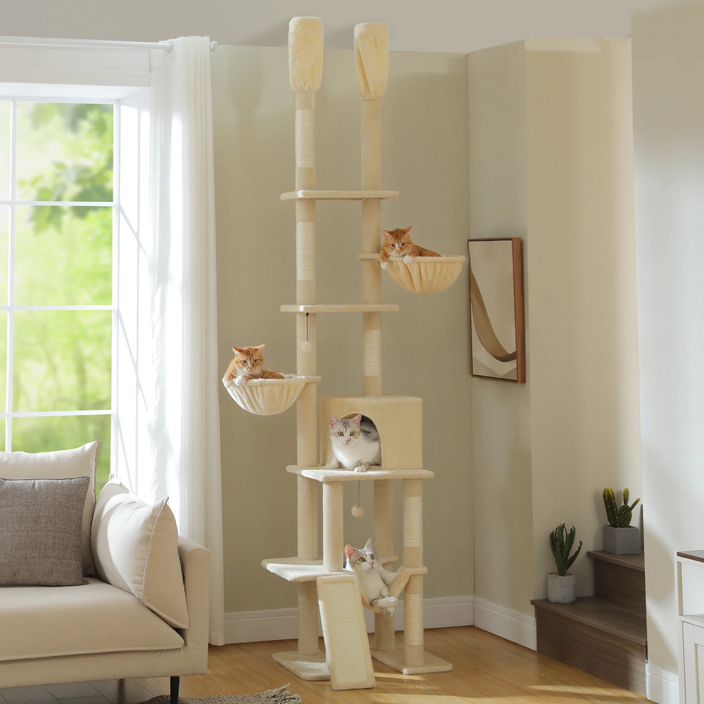 Tall Cat Tree with Adjustable Height Floor to Ceiling Cat Tower with Scratching Posts Soft Hammock Cat Condo for Indoor Cat Toys