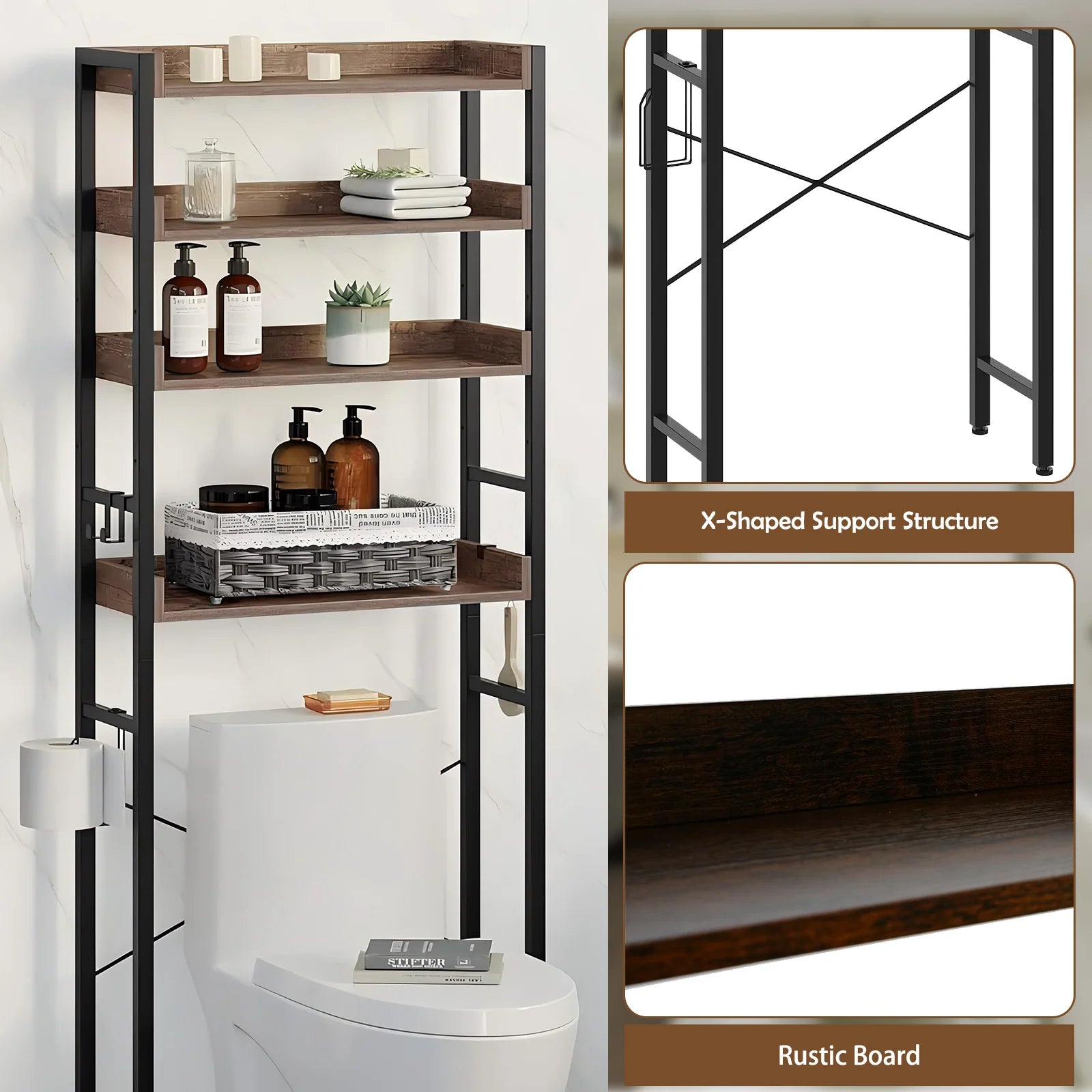 Over The Toilet Storage Rack 4-Tier Bathroom Organizer Freestanding Shelf Space Saver Toilet Stand Cabinet with 4 Hooks