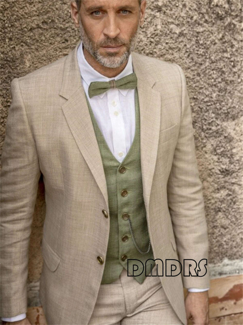 Casual Groom Attire for Outdoor Wedding Linen Formal Suit Set 3 Pieces Vest Including, Breathable Men Tuxedo Set Party Prom Wear