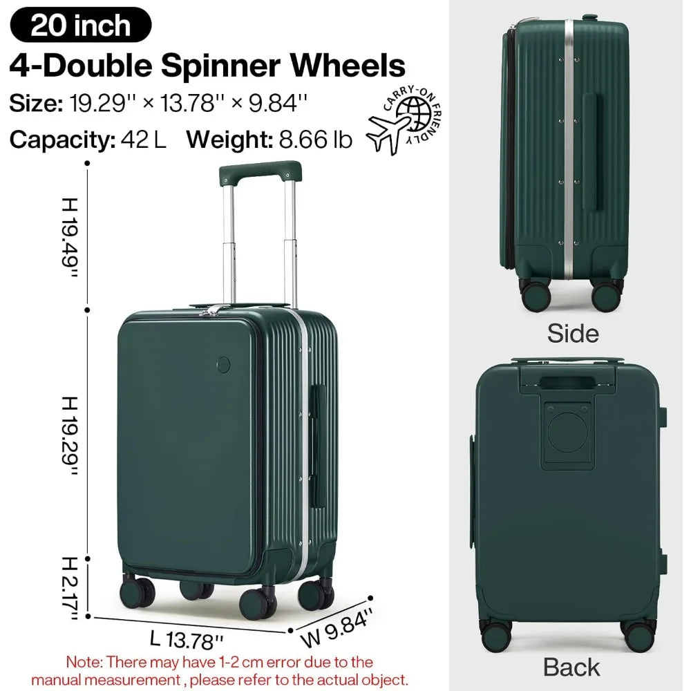 mixi Carry On Luggage with Cup Phone Holder and Charger Hard Shell Suitcases with Spinner Wheels,20 Inch Blackish Green