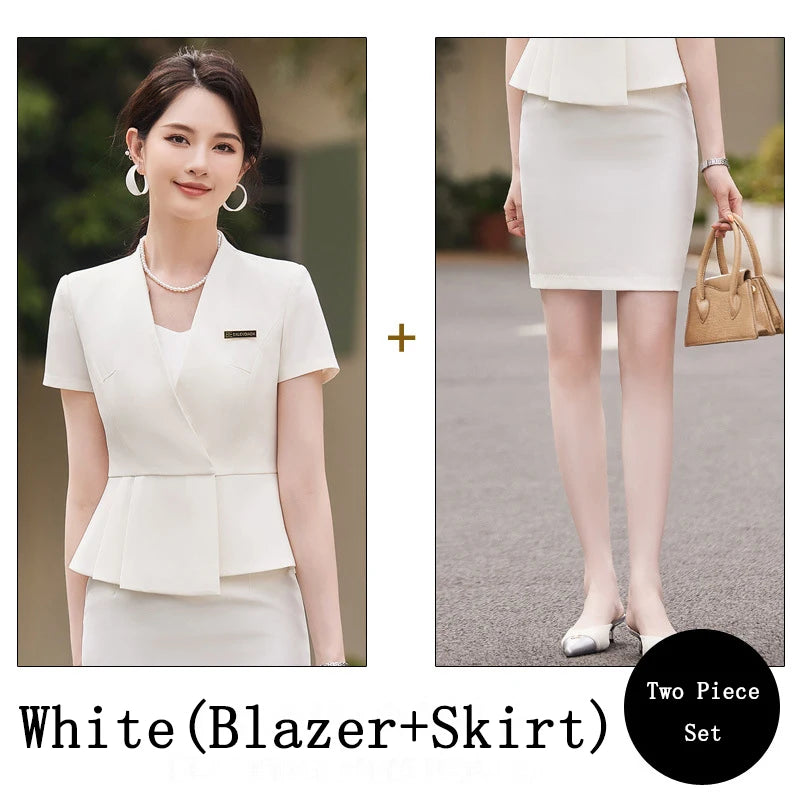Women's Business Suits Summer Short Sleeve OL Style Office Formal Professional Work Wear Set with Skirt And Tops Career Outfit