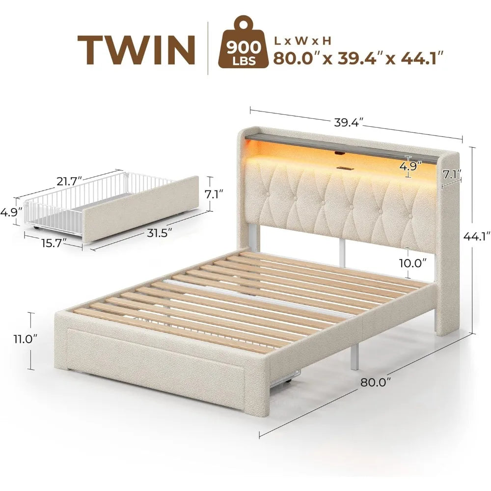 Twin Bed Frame with Drawer, Storage Headboard with Charging Station and LED Lights, Upholstered Bed