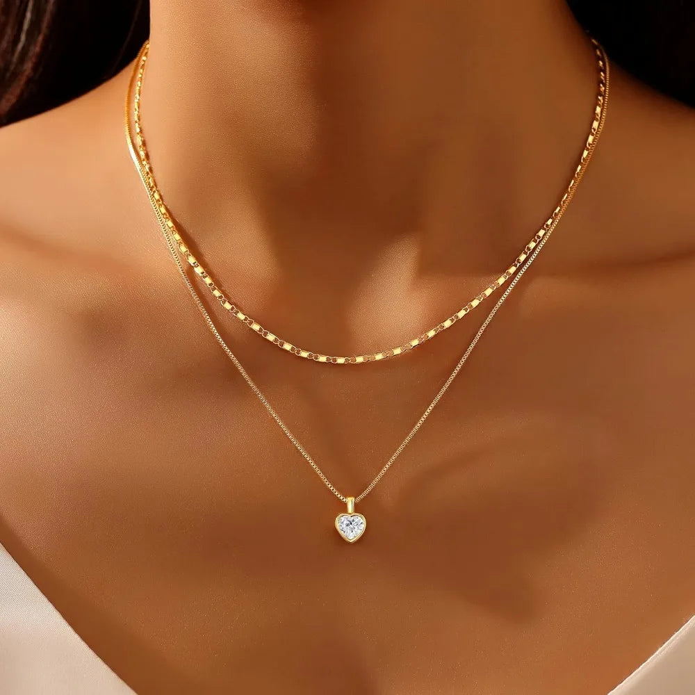 Layered Gold Necklace for Women, Trendy Stackable 14k Gold CZ Diamond Cross Pendant Necklace Jewelry, Paperclip Box Flat Necklac