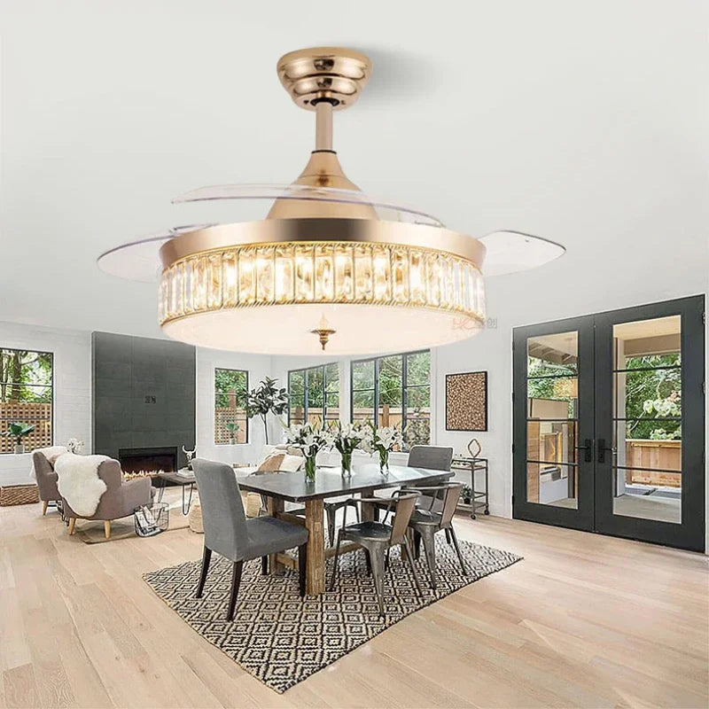 36"/42" Retractable Ceiling Fan Light LED Invisible 3 Color Chandelier Lamp w/Remote Crystal Metal Ceiling Fan Light 92cm/107cm