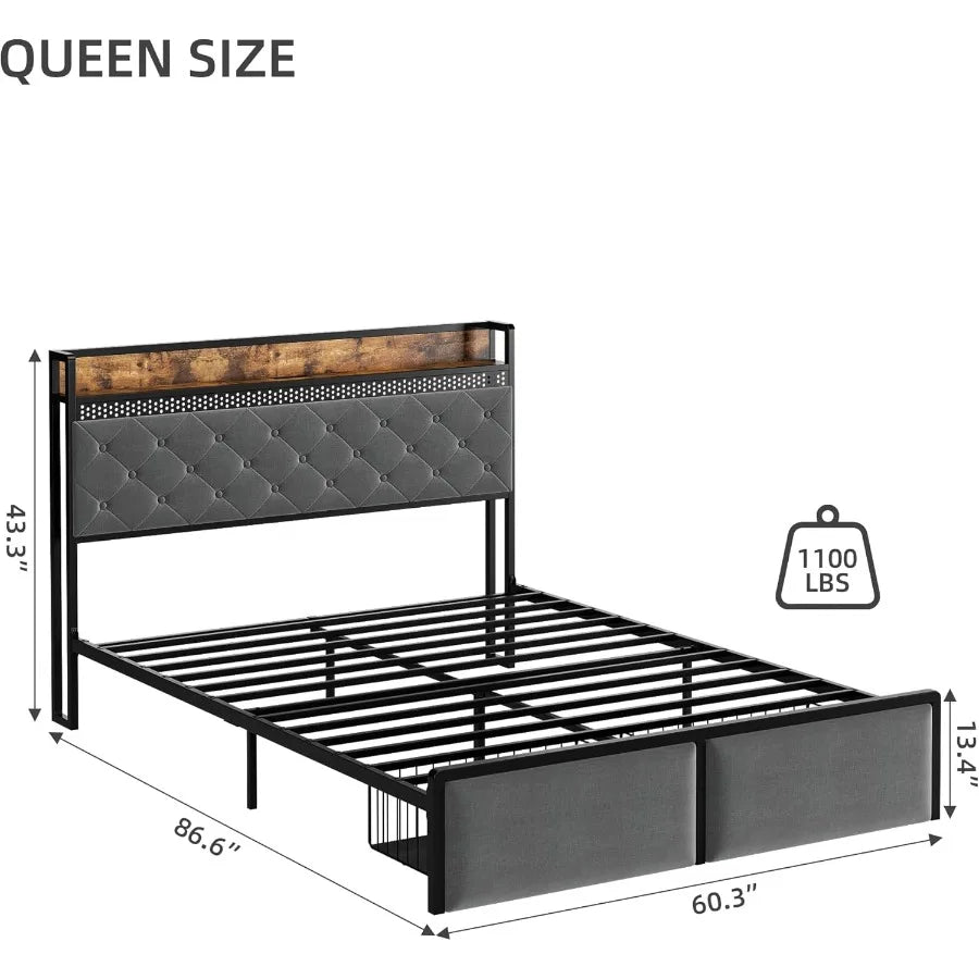 Queen Bed Frame with Headboard and 2 Drawers Metal Platform with USB Ports and Outlets Led Lighting NoiseFree Design No Box Spr