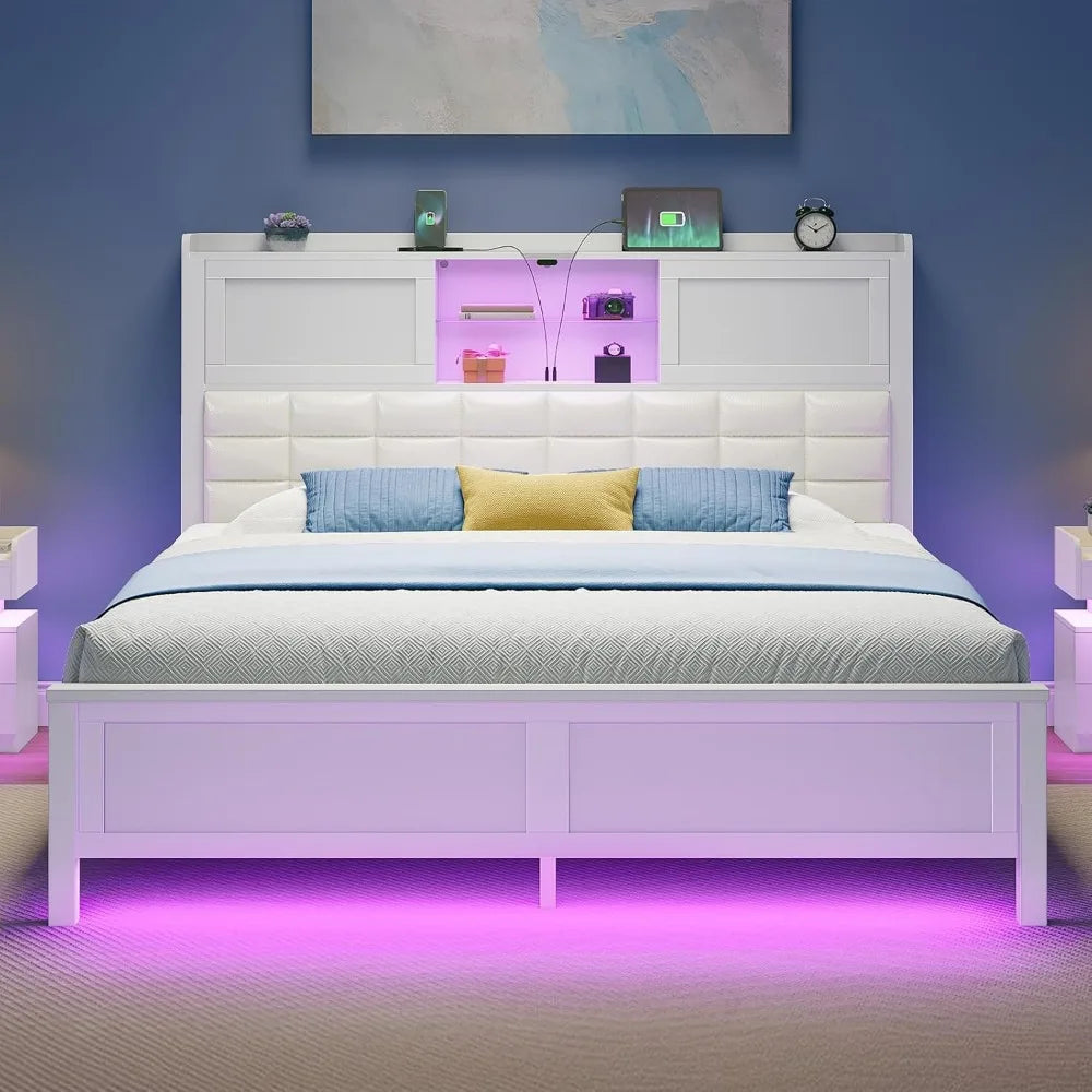 LED Twin Size Bed Frame with Charging Station, Platform Beds with Wooden Slats, No Box Spring Needed, Noise Free, Bed Frame