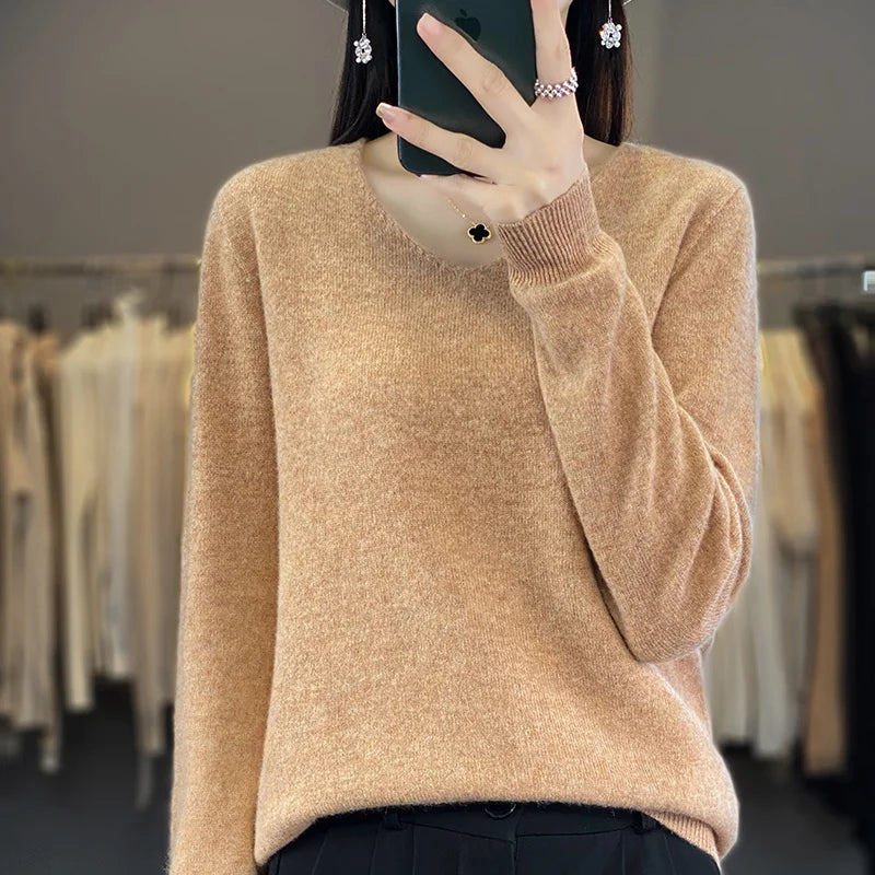 Sweater For Women 100% Merino Wool V Neck Sweater Fall Winter Basic Warm Pullovers Long Sleeve Soft Knit Jumpers Female Clothing