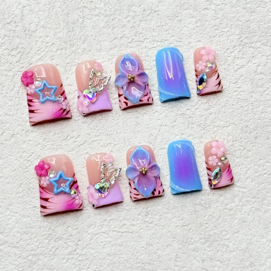 Thick Press on Nails Handmade Medium Duck Nails Pink Fake Nails 3D Flower Art False Nail with Gems Design Luxury Rhinestone Nat