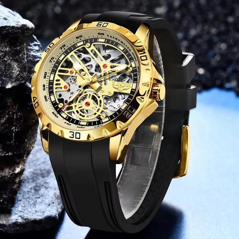 2025 New LIGE Top Brand Luxury Hollow Waterproof Tourbillon Mechanical Automatic Watch Men Silicone Skeleton Mens Watches + Box