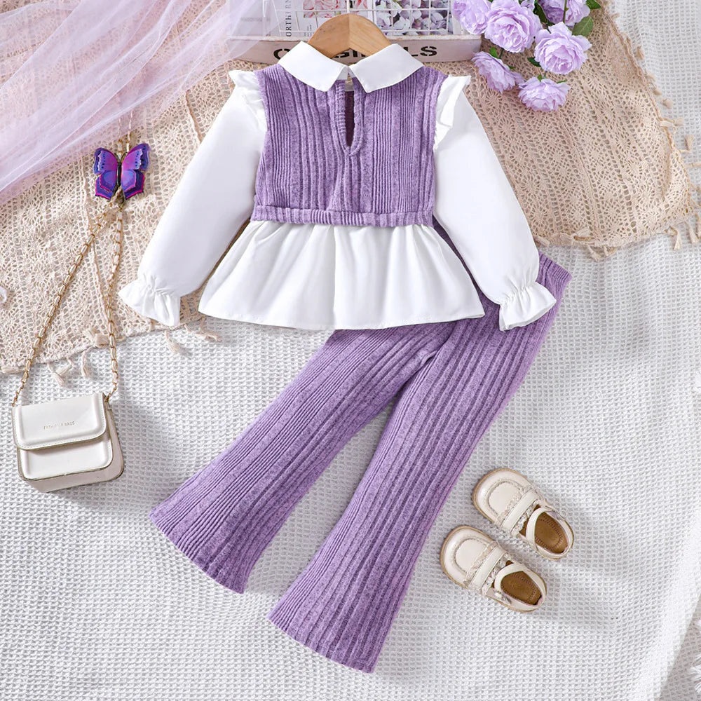 Kids Casual Clothing Sets for Girls Spring 2024 New Toddler Purple Long Sleeve Shirts Tops Knitted Pant Fashion Children 2-8Y