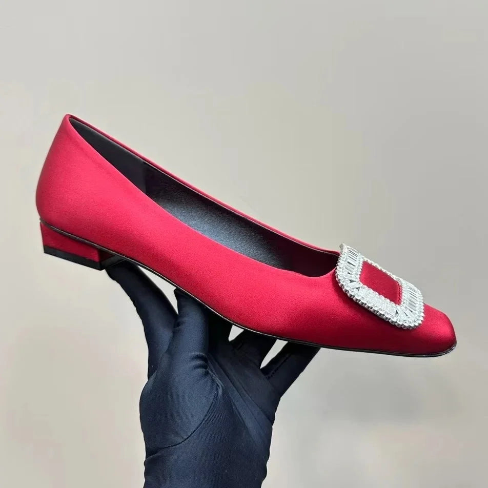 Classic Red Color Shoes For Wedding Top Version Silk Square-Toe Shallow Woman Flats Mary Janes Ballet Dance Shoes Banquet Flats