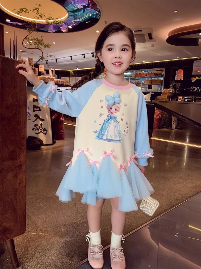 Girl's Fall/Winter Sweatshirt Long Sleeve Princess Elsa Snow White Cartoon Print Tulle Skirt Casual Hoodie Dress 2-12 Years Old