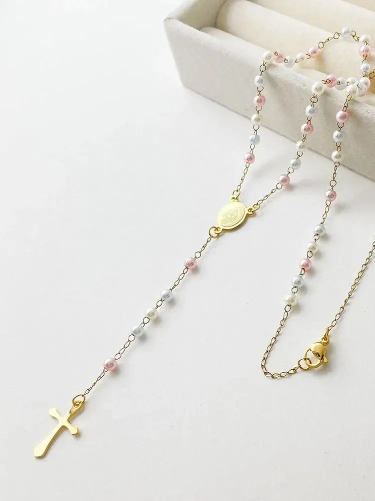 Y Shape Beads Chain Gold Color Stainless Steel Virgin Mary Cross Rosary Pendant Long Necklace Women Girls Jewelry Spiriti Pray