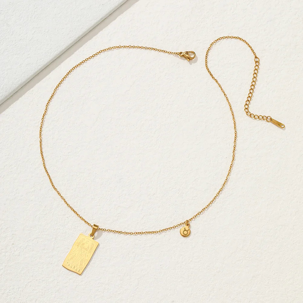 Stainless Steel Square Tarot Card Pendant Women Necklace Twelve Constellations Gold-Plated Clavicle Chain Horoscope Gifts