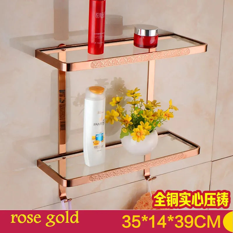BAKALA Brass Bathroom Shelves With Robe Hook 2-Tier Bathroom Storage Basket Wall Mount Bathroom Shelf BR-6