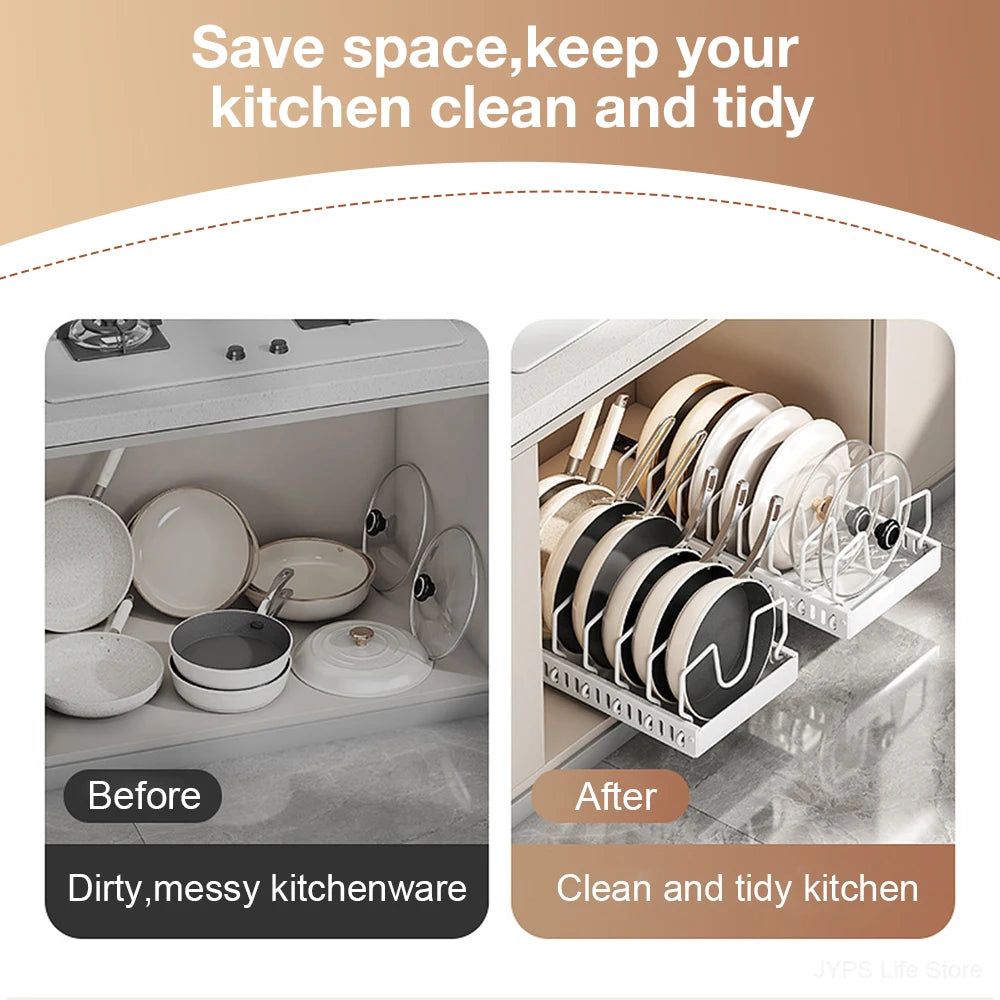 Kitchen Pots and Pans Organizer Under Cabinet Sliding Drawer Pot Lid Organizer Pull Out Cabinet Storage Tray with 8 Dividers