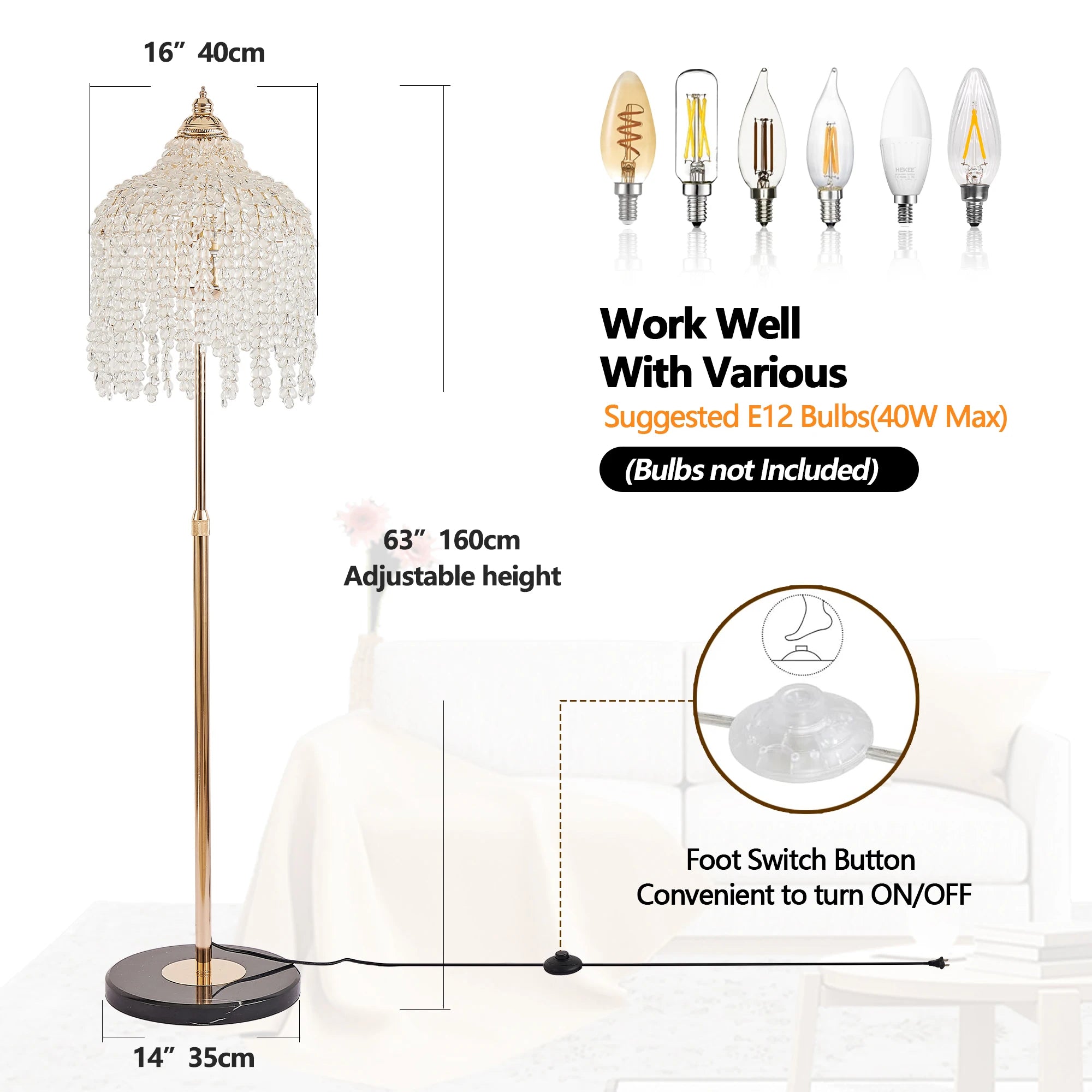 3-Light Elegant Crystal Floor Lamp Vintage Waterfall Design with Crystal Bead Strings and Marble Texture Base (No Bulb)