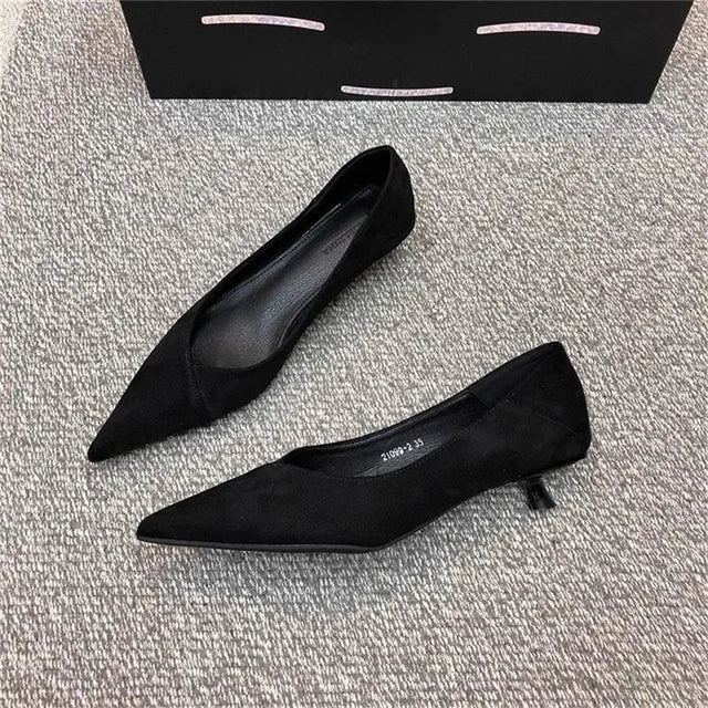 2025 New Comfortable Low 3-5 cm Heels Women's Working Shoes Leather Shallow French Style Thin Heeled Pumps For Office Casual