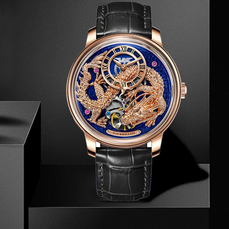 PINDU Design Wristwatches Original Dragon Theme Mechanical Watches Men Celestial Series Curved Mirror Transparent Design Watch