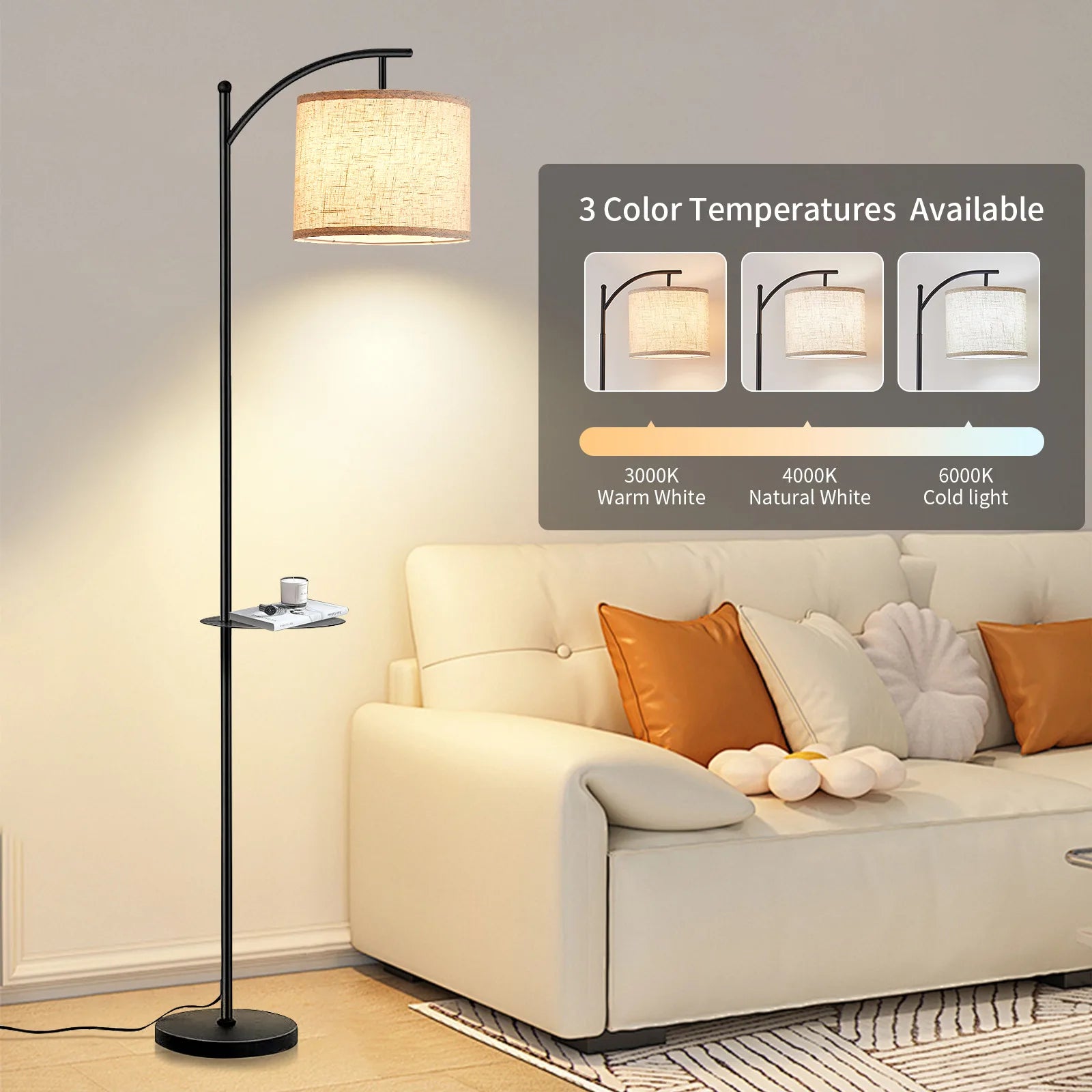 Floor Lamp With 3 Color Temperatures, Standing Lamp With Magnetic Remote Control For Bedroom, Living Room( 9W LED Bulb Included)