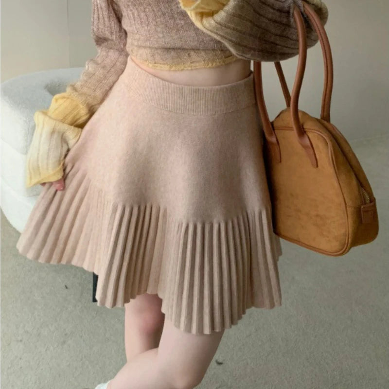 Spicy Girl Solid Color Versatile Knit Skirt Women's Early Autumn 2024 New Style High-Waisted Loose-Fit Slimming A- Line Mini Dre