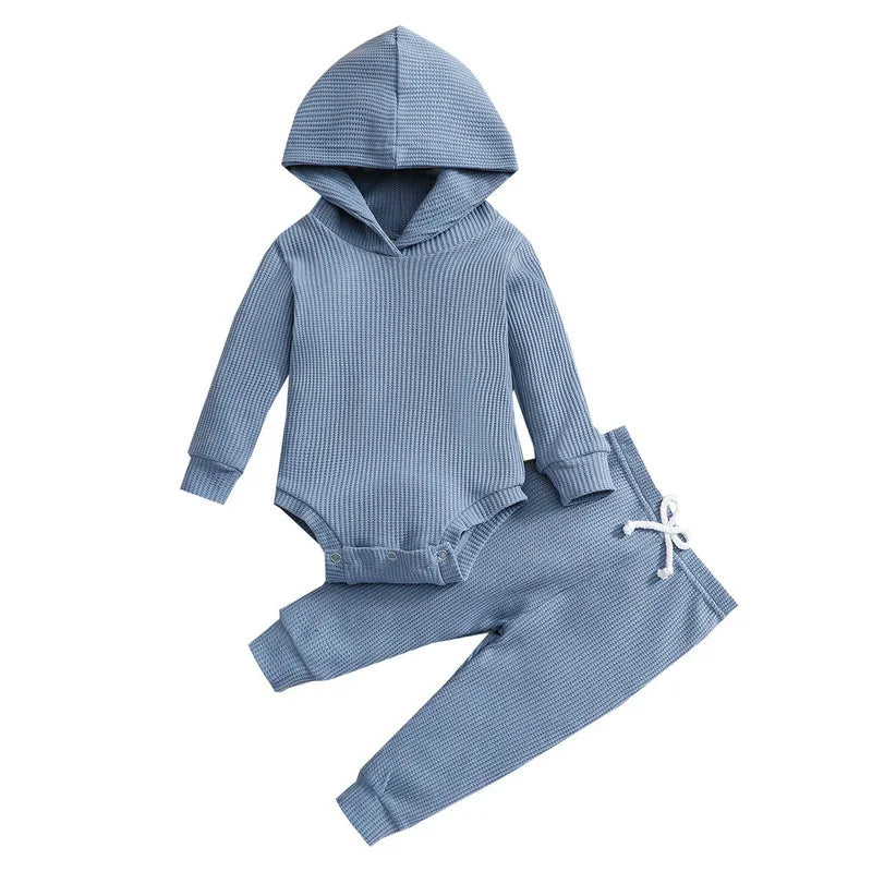 Newborn Baby Boy Pant Sets Autumn Clothes Solid Color Long Sleeves Hooded Bodysuit Tops and Pants Baby Items Clothing for Infant