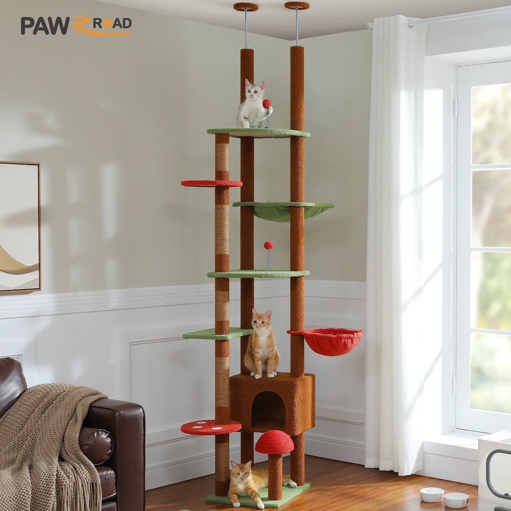 Adjustable 230-252cm Cat Tree, Floor to Ceiling Cat Condo, Hanging Ball,5 Scratching Posts,Hammock, Ample Resting Place for Cats