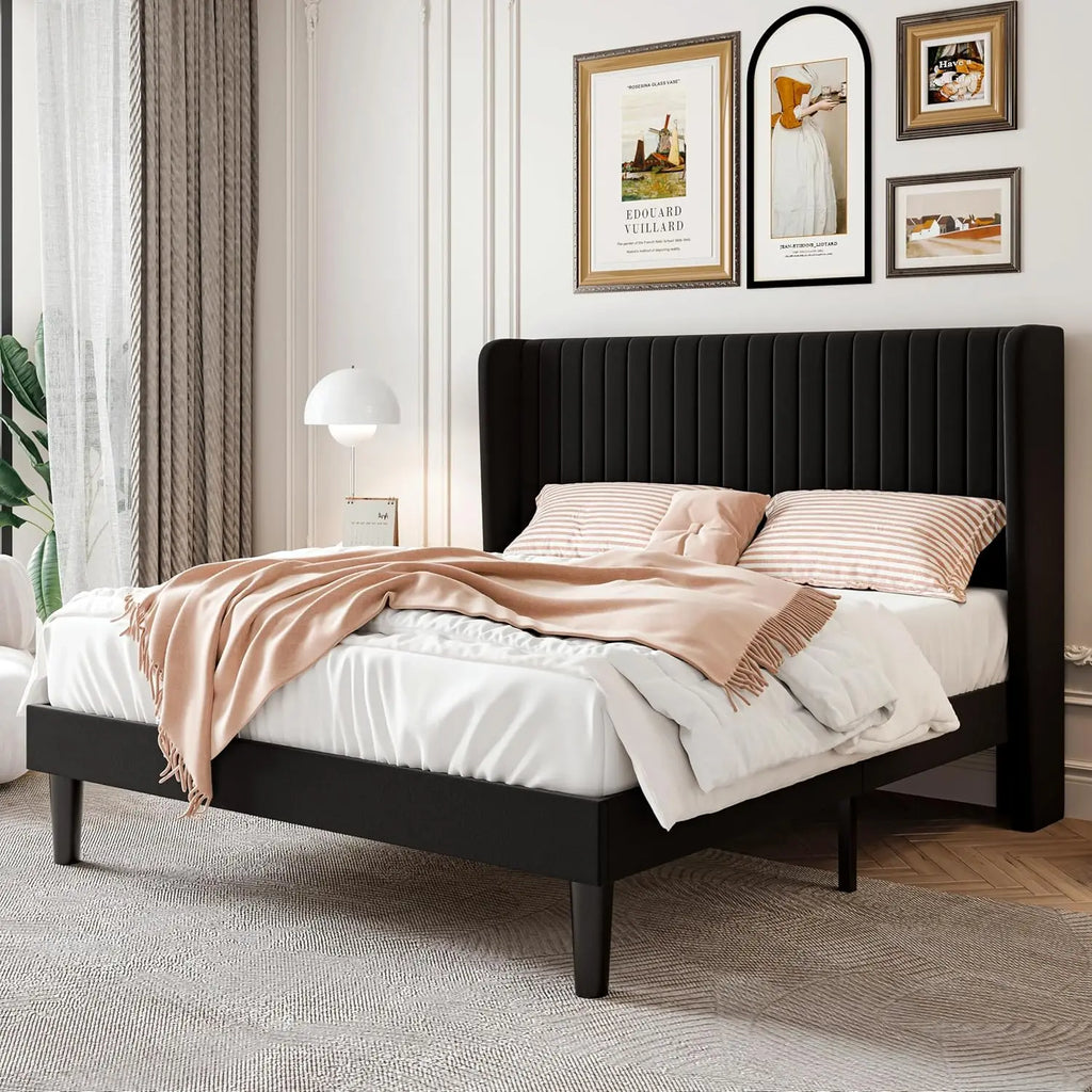 Bed Frame, Full-king Size Velvet Bed Frame with Vertical Channel Tufted Wingback Headboard, No Box Spring Needed, Easy Assembly