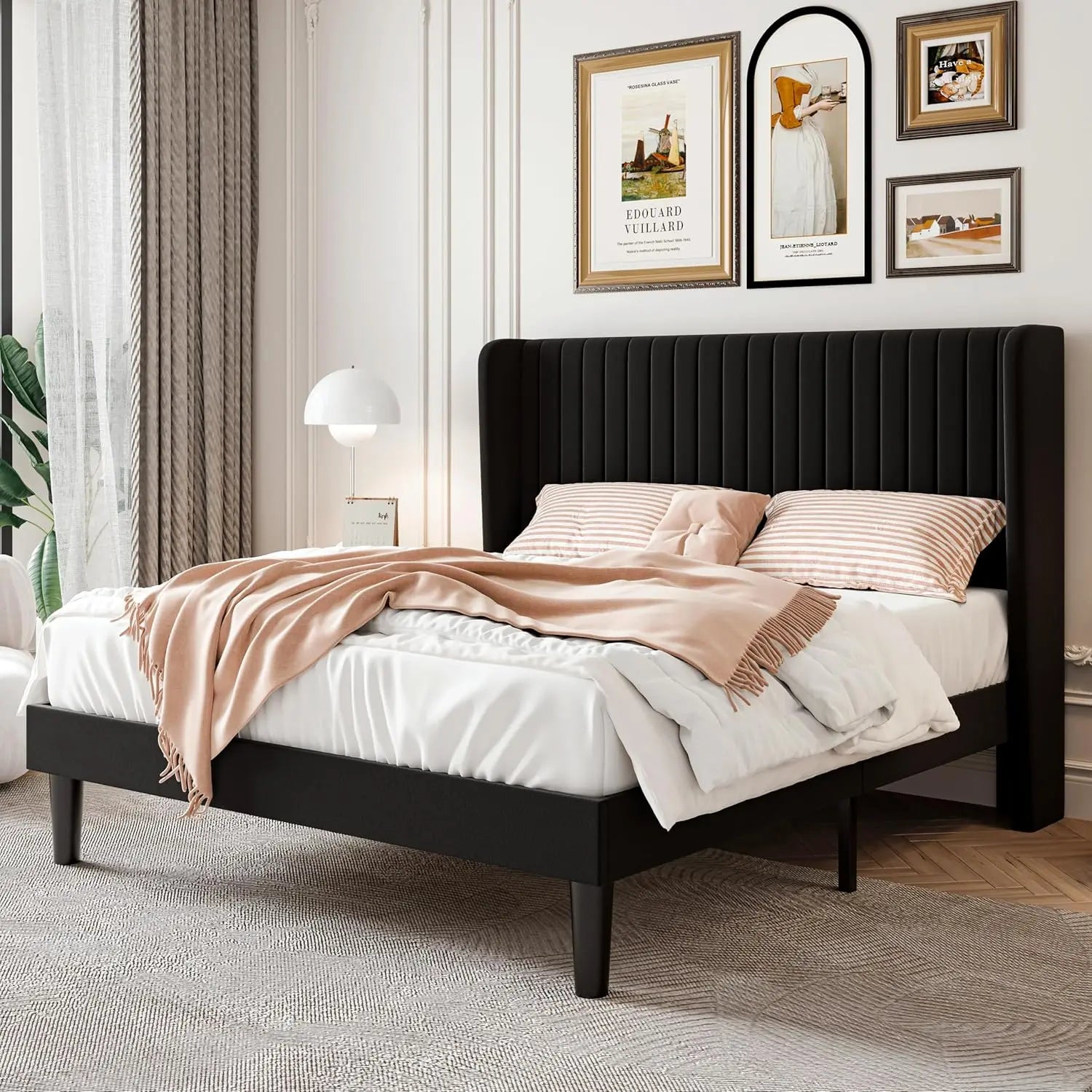 Bed Frame, Full-king Size Velvet Bed Frame with Vertical Channel Tufted Wingback Headboard, No Box Spring Needed, Easy Assembly