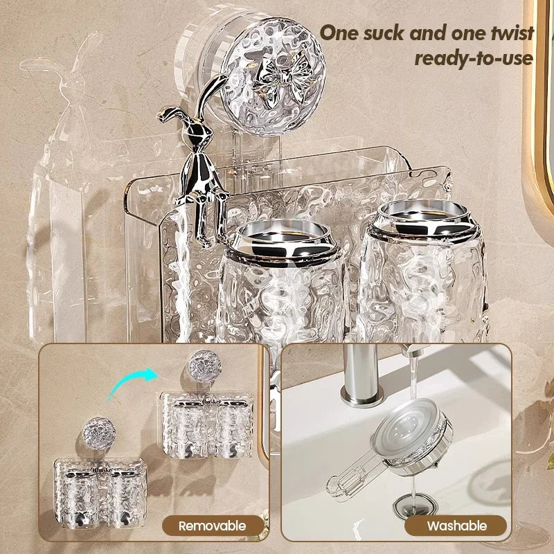 Bathroom Toothbrush Holder With Glacier Pattern Wall Mounted Non Perforated Suction Cup Storage Rack Toothbrush Set Storage Rack