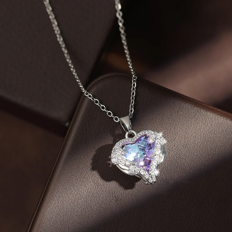 ZAKOL Gorgeous Colorful Zircon Love Heart Pendant Necklace For Women Fashion Stainless Steel Neck Chain Jewelry Gift