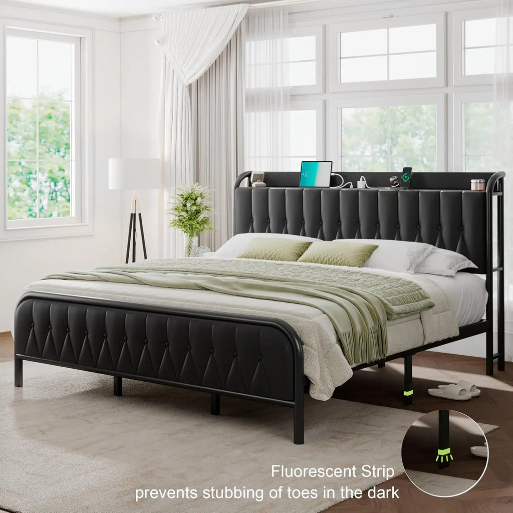 full-king Size Bed Frame with Fast Charging Station, 12" Underbed Storage Space, Easy Assembly, Noise-Free, Queen Bed Frame