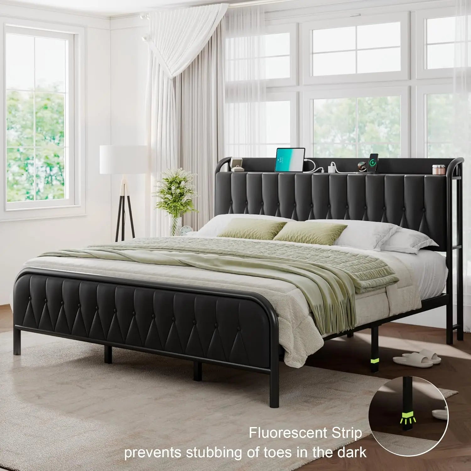 full-king Size Bed Frame with Fast Charging Station, 12" Underbed Storage Space, Easy Assembly, Noise-Free, Queen Bed Frame