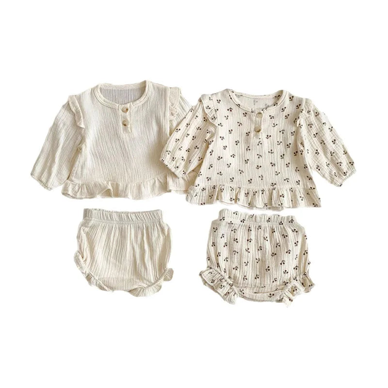 Baby Girls Clothes Sets Long Sleeve Outfits Newborn Muslin Cotton Shirt Tops+Shorts Suits Clothes 2PC 0-3T