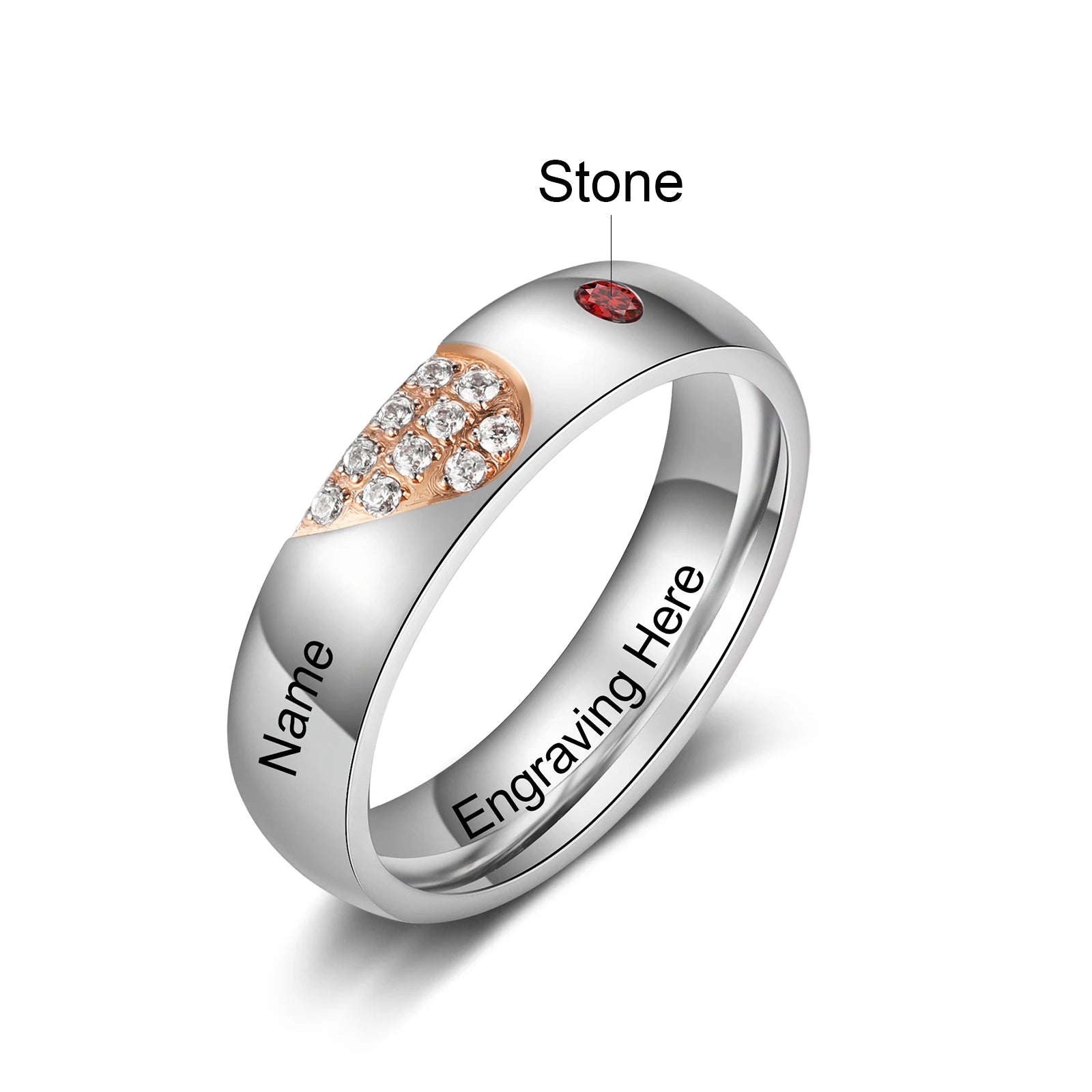 Personalized Stainless Steel Heart Couple Rings for Lovers Engrave Name With Birthstone Customized Gift for Boyfriend Girlfriend