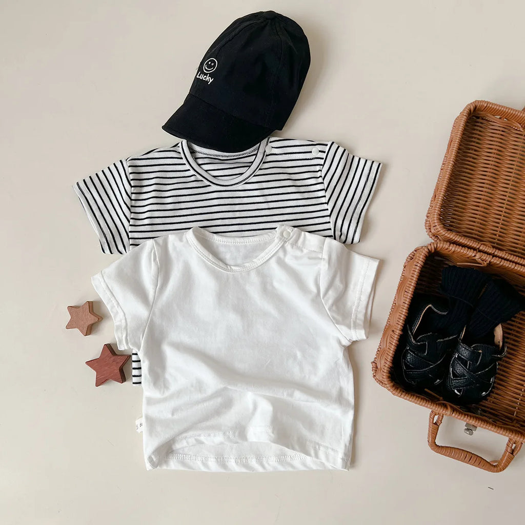 2024 Summer Costume New Boy Girl Baby Solid All-match Short Sleeve T-shirt Newborn Loose Comfort Cotton Tees Infant Casual Tops