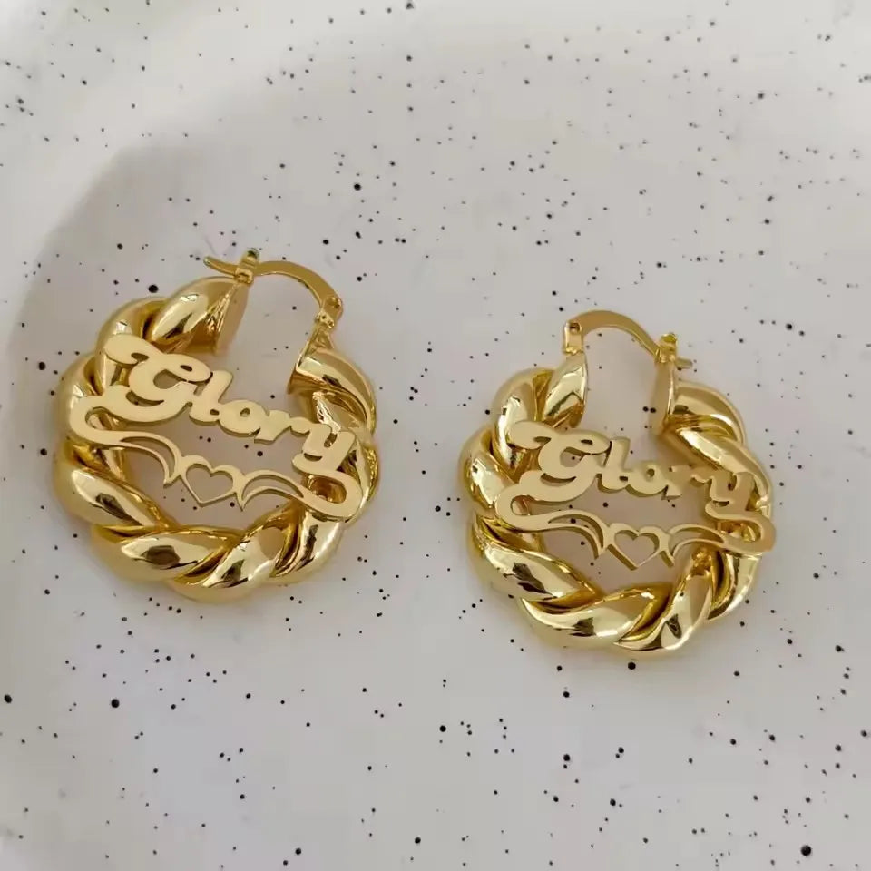 QiCai Custom Wholesale Personalized Name Heart Earrings 30mm Earrings Gold Stainless Steel Earrings Personalized Gift for Girls