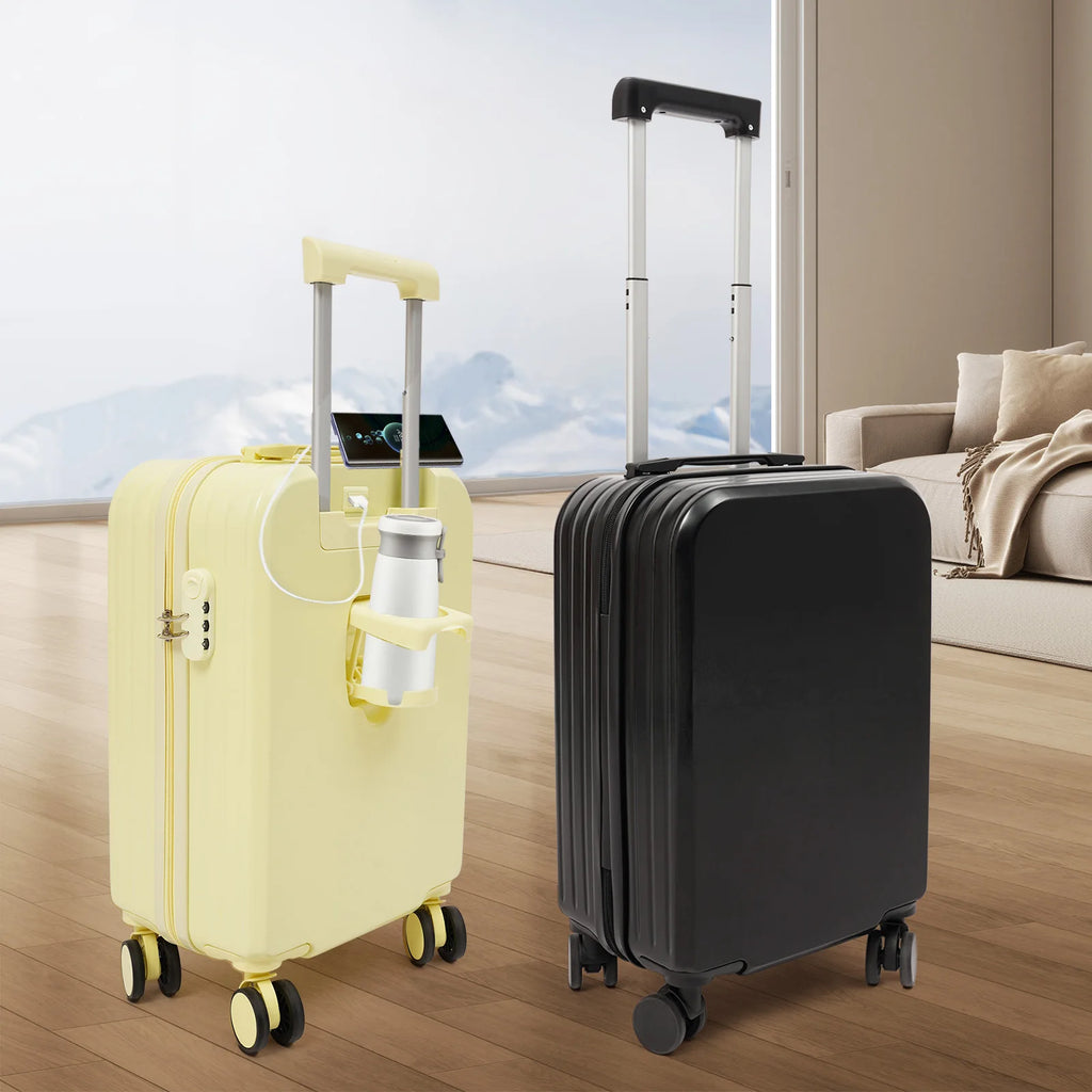 20" Carry On Luggage with Cup Holder USB Port Hard Top Handle Shell Rolling Travel Suitcase with Spinner Wheels